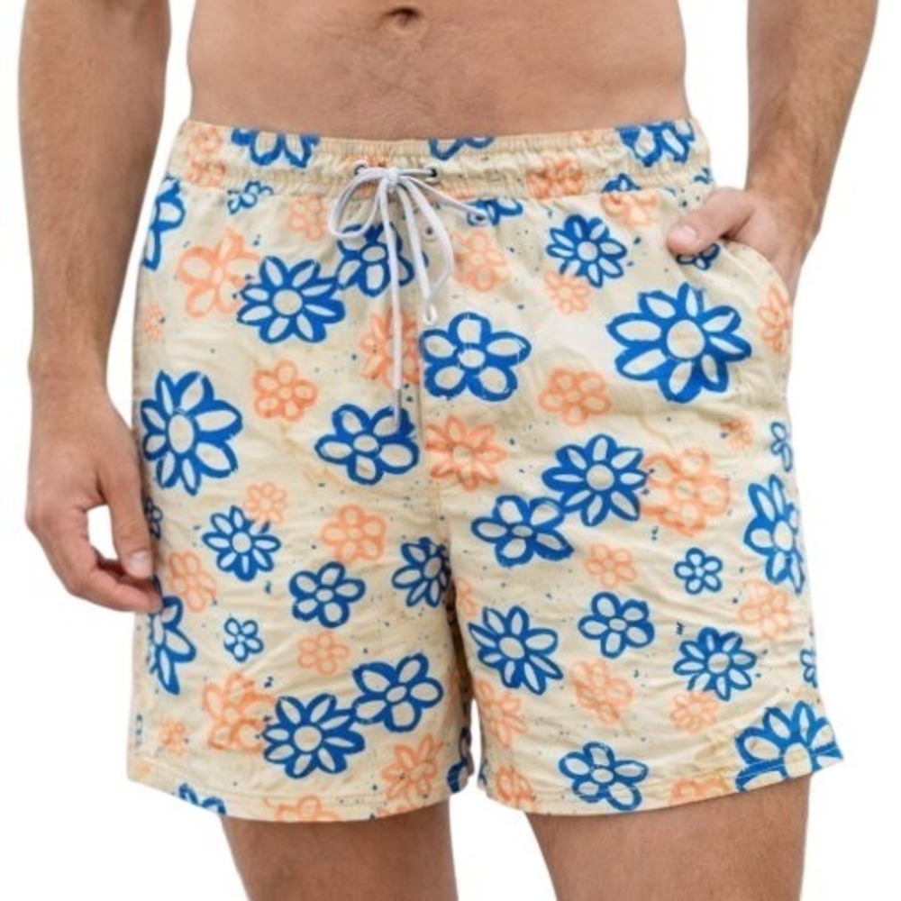 Malibu‎ Beach Club Drill Clothing Tropical Floral Swim Trunks Lined Pockets Sz L